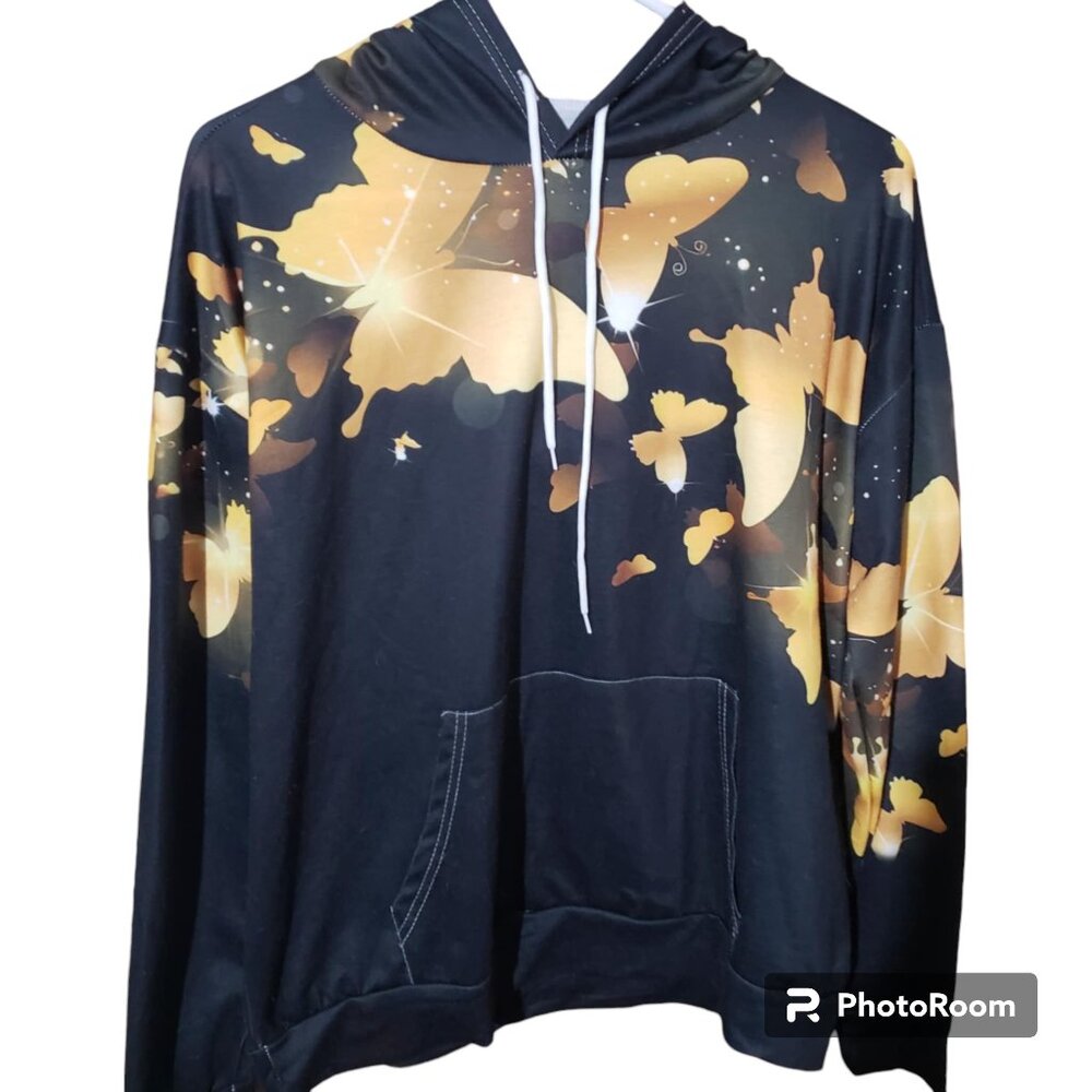 Casual Women's Butterfly Print Long Sleeve Drawstring Hoodie